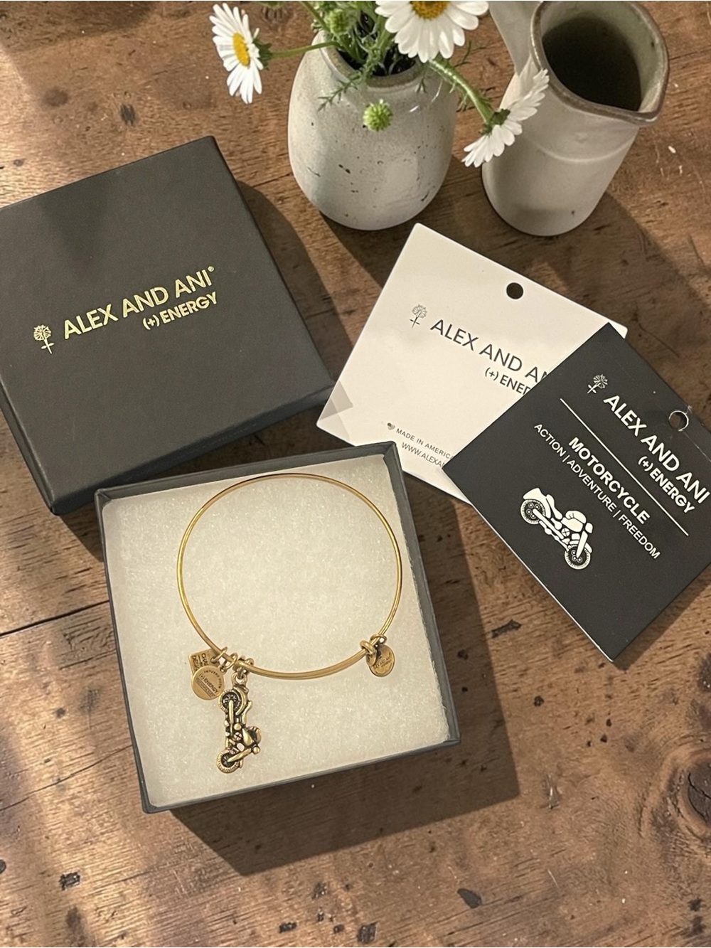 Alex and Ani Gold Motorcycle Charm Expandable Bangle with Box & Cards